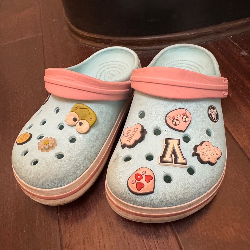 Turquoise colour crocs in junior size 2